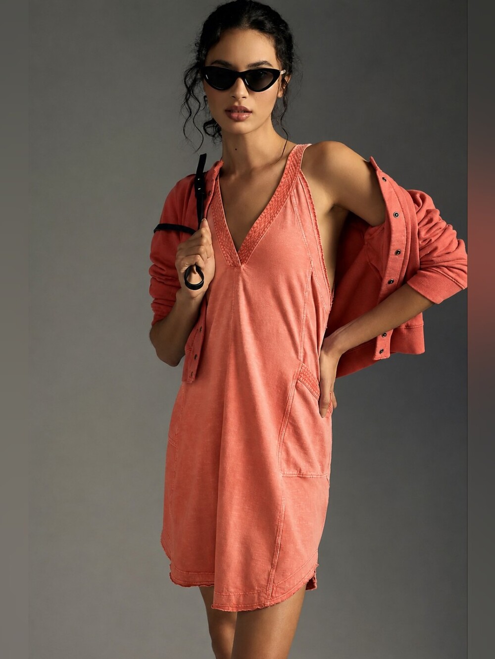 Free People 100% Cotton Washed Coral V-Neck Midi Dress Size XS
